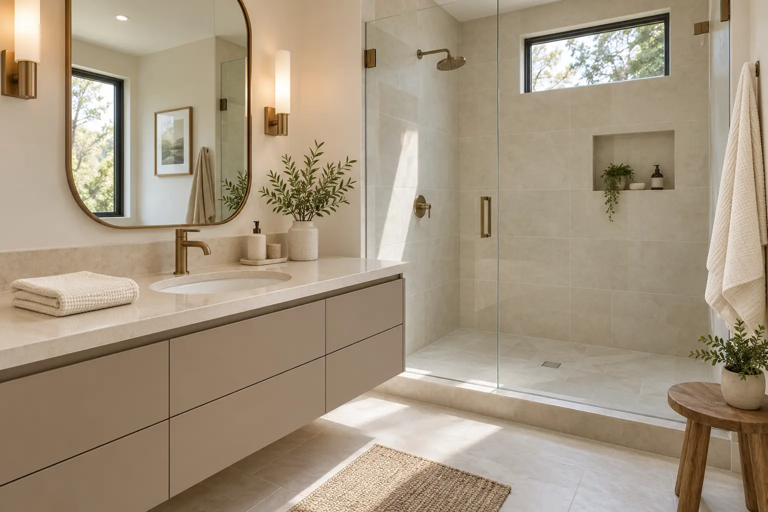 Açık taş, taupe lavabo dolabı ve bronz detaylarla tamamlanmış aydınlık banyo.